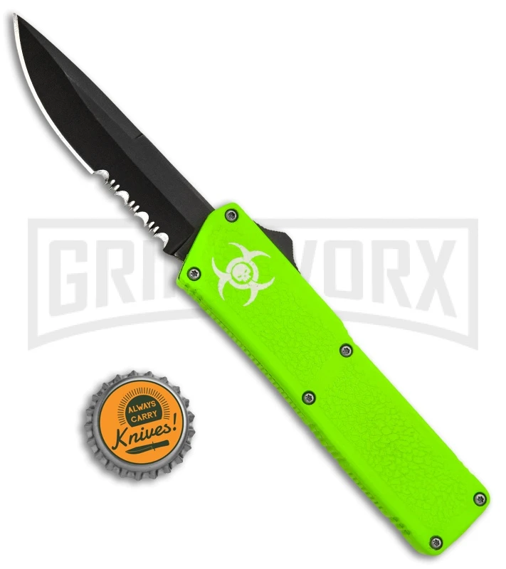 Bolt Zombie Green Biohazard D/A OTF Automatic Knife - Black Serr - Image 4