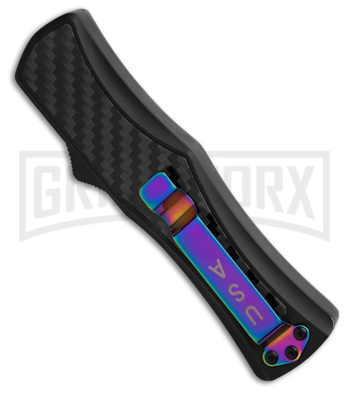 Edgeworks Carbon Fiber OTF Auto Knife Dagger - Rainbow Damascus Finish) - Image 3