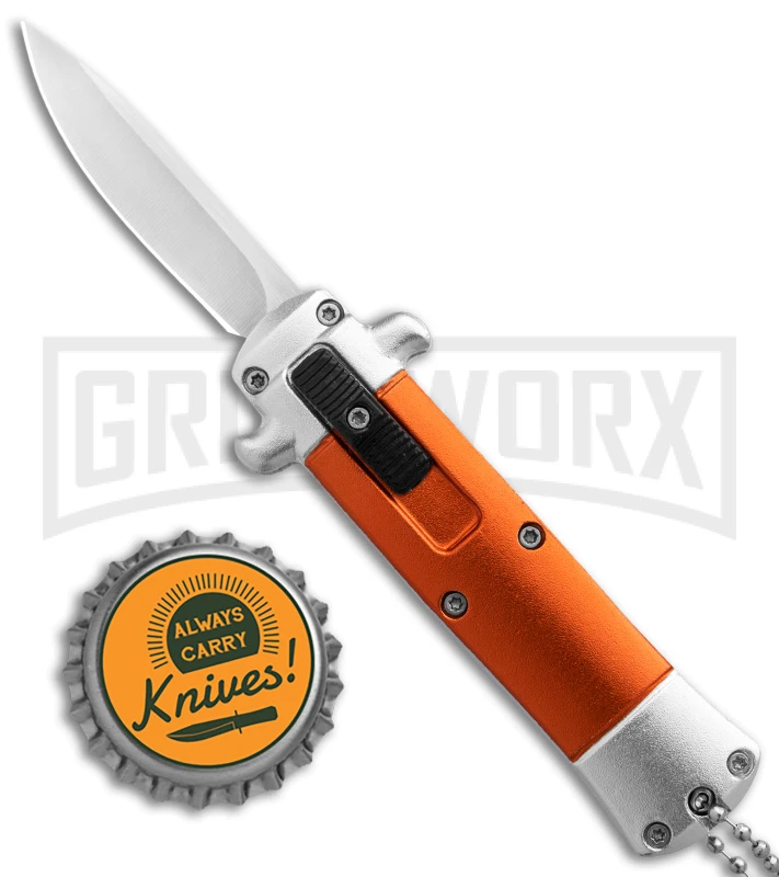 Enzo OTF Orange Automatic Keychain Knife - Satin Spear Point Plain - Image 4