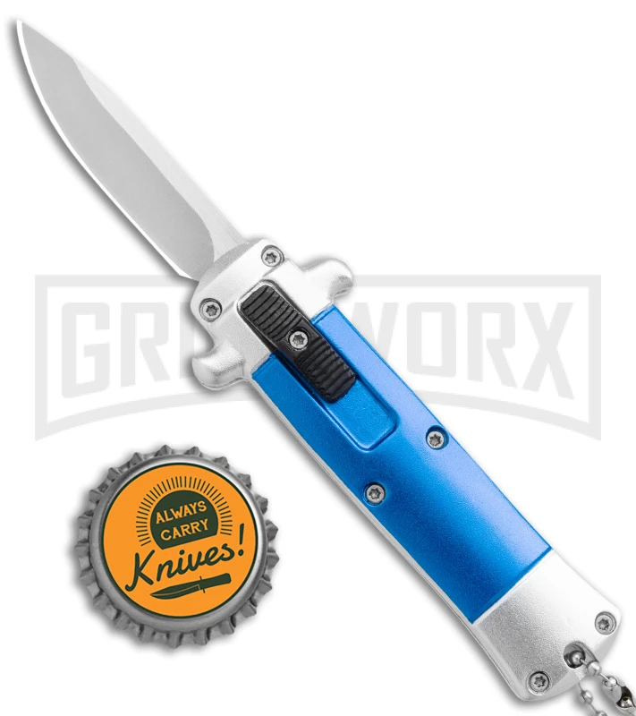 Enzo Stiletto Mini Blue W/ Silver Bolsters D/A OTF Automatic Knife - Satin Plain - Image 4