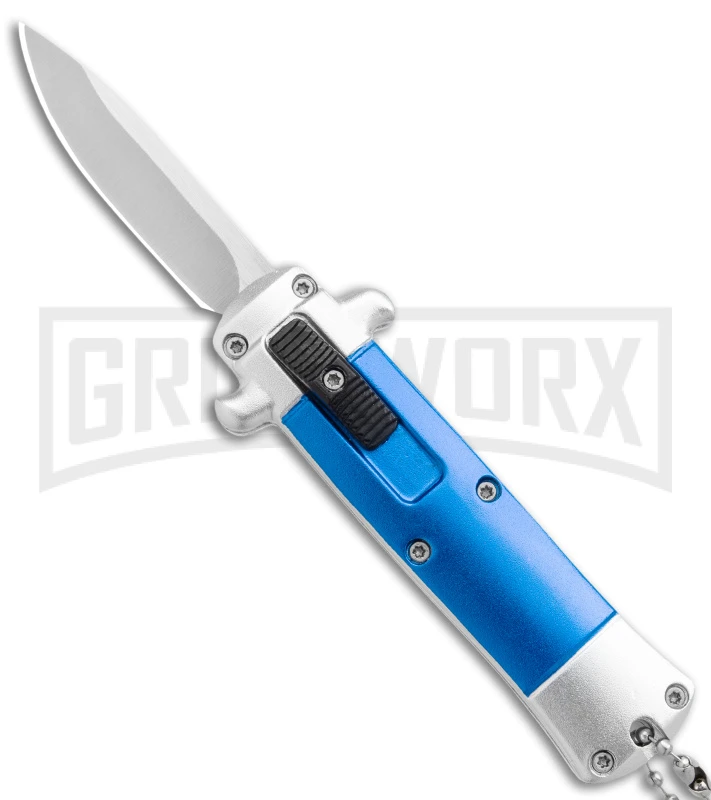 Enzo Stiletto Mini Blue W/ Silver Bolsters D/A OTF Automatic Knife - Satin Plain