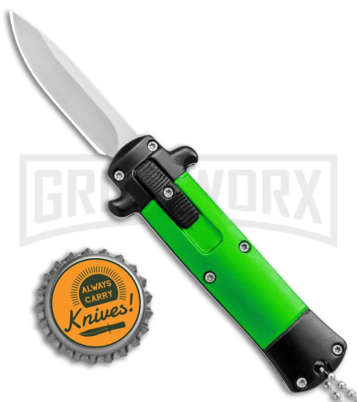 Enzo OTF Green/Black Automatic Keychain Knife - Satin Spear Point Plain - Image 4