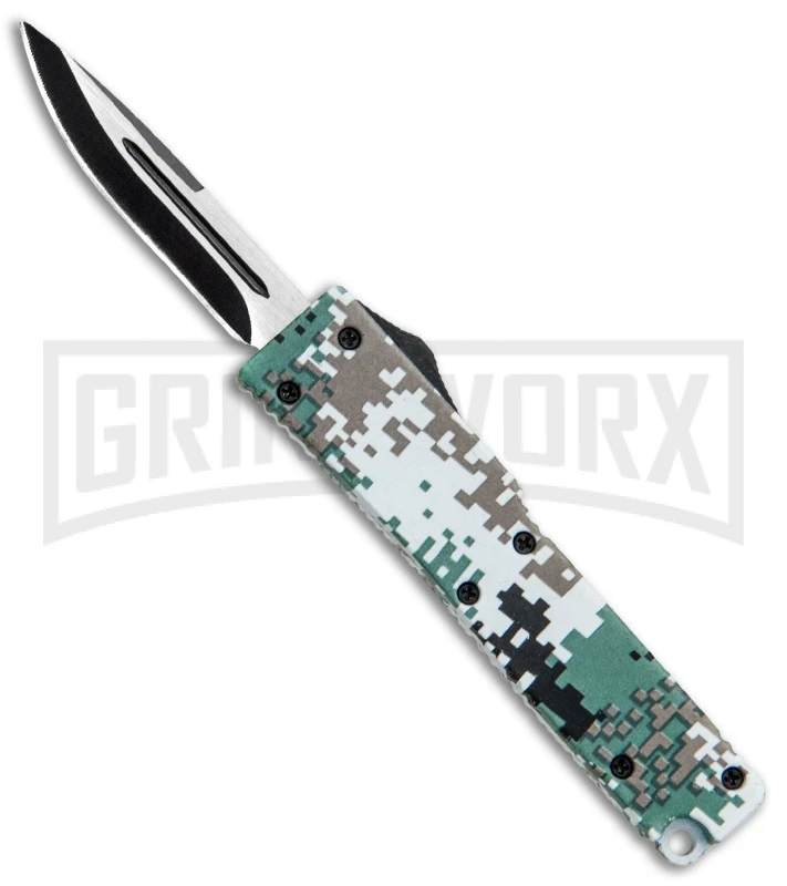 Firecracker Mini Green Digi Camo D/A OTF Automatic Knife - Black Plain