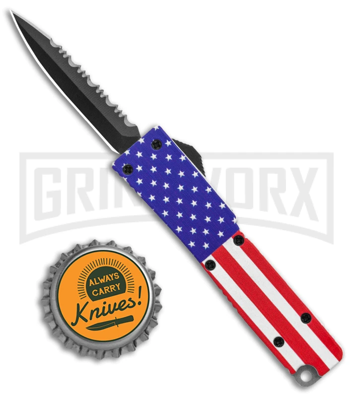Firecracker Mini US Flag D/A OTF Automatic Knife - Black Dagger Serr - Image 4