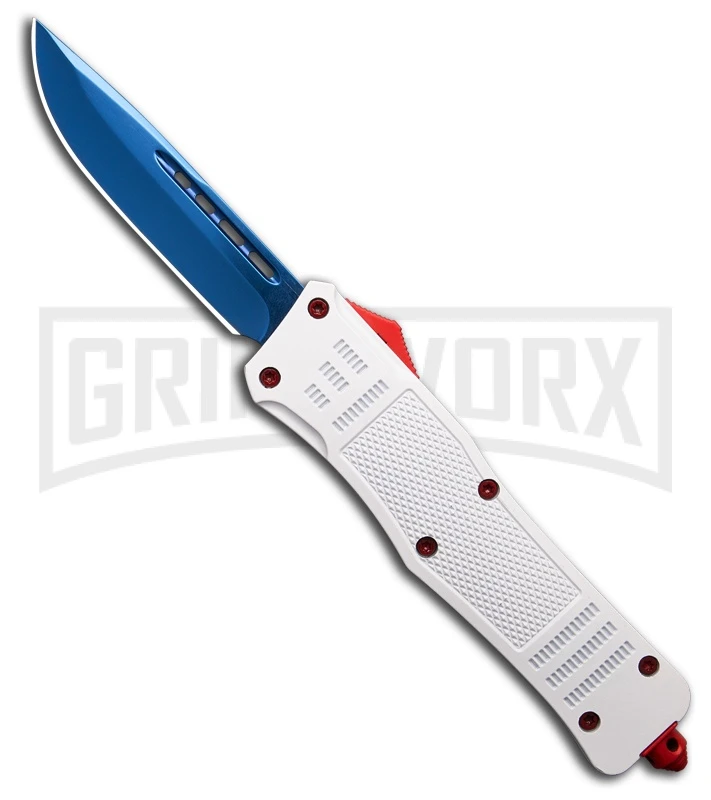 Atomic Defender Large White OTF Automatic Drop Point Knife -BluePlain