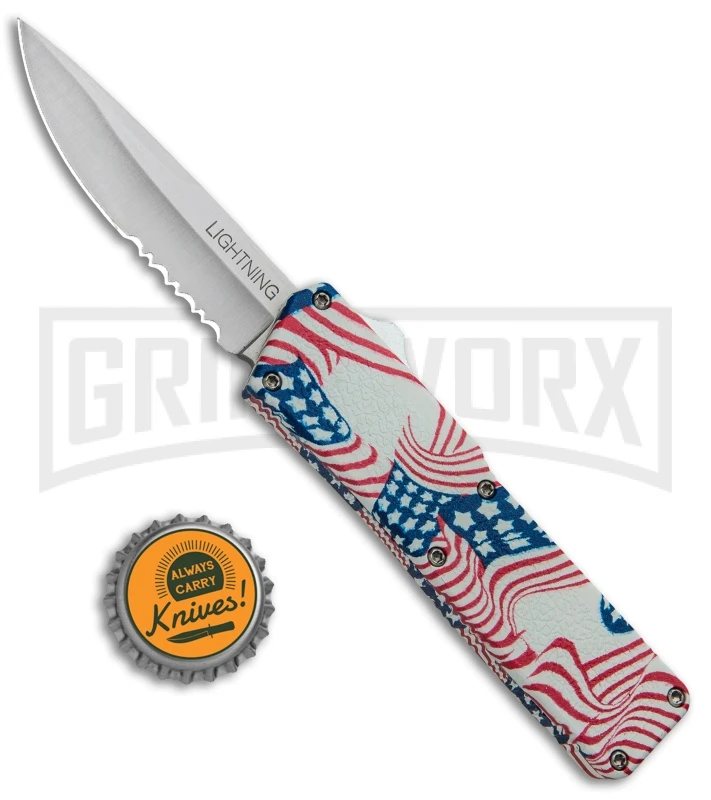 Lightning American Flag D/A OTF Automatic Knife - Satin Serr - Image 4