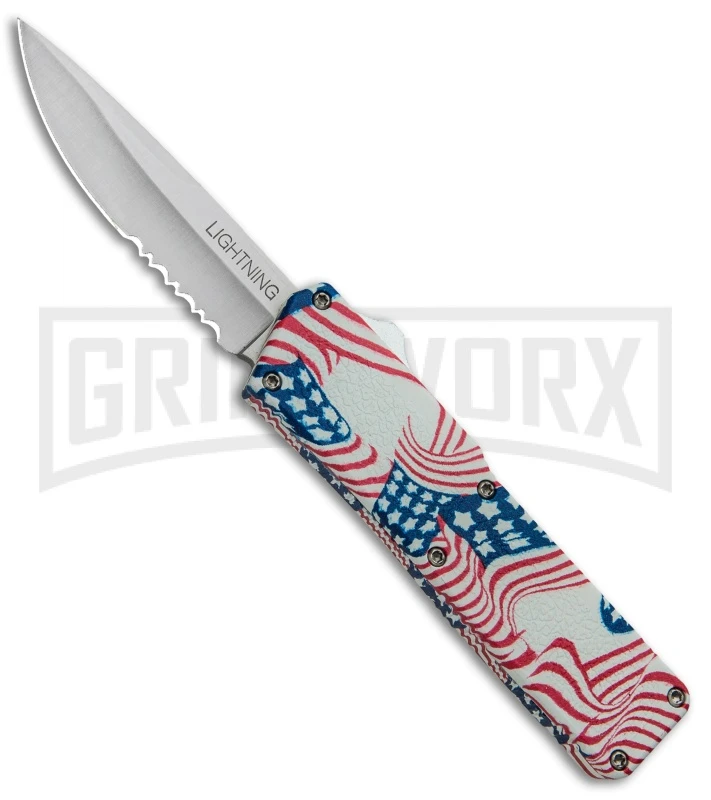 Lightning American Flag D/A OTF Automatic Knife - Satin Serr