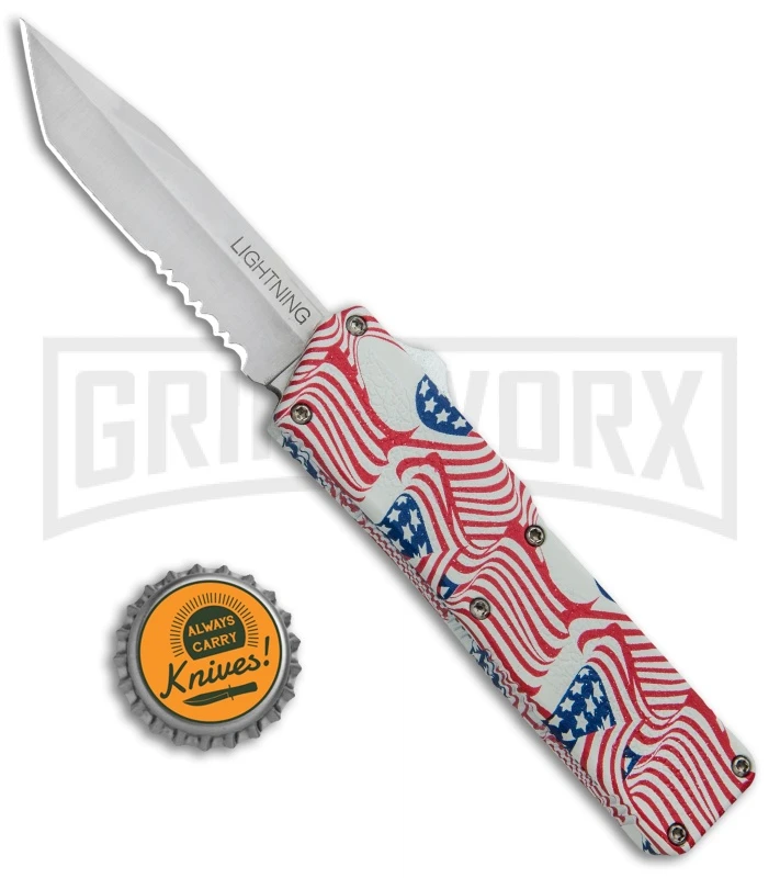 Lightning American Flag D/A OTF Automatic Knife - Tanto Satin Serr - Image 4