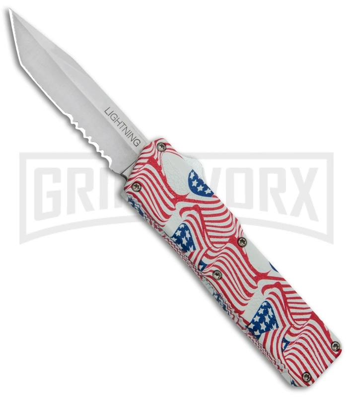 Lightning American Flag D/A OTF Automatic Knife - Tanto Satin Serr
