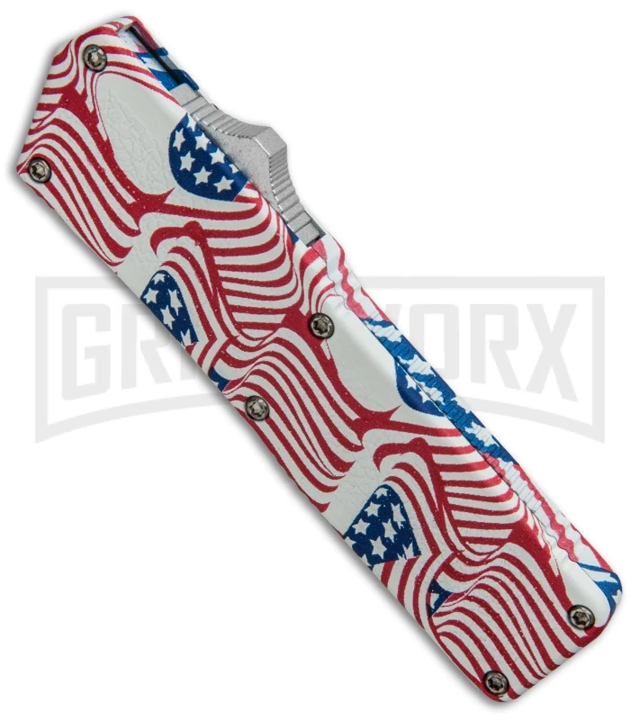 Lightning American Flag D/A OTF Automatic Knife - Tanto Satin Serr - Image 2