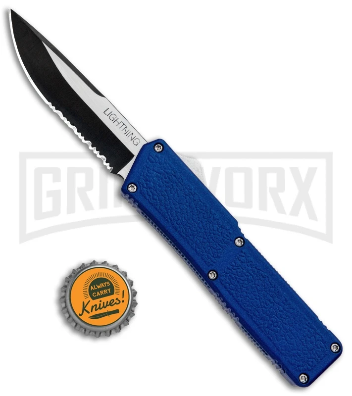 Lightning Blue D/A OTF Automatic Knife - Tow-Tone Serr - Image 4