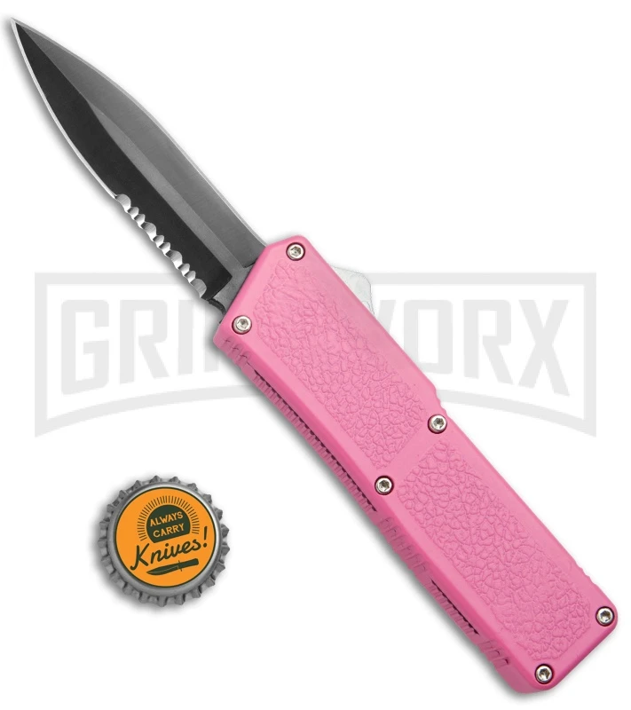 Lightning Pink D/A OTF Automatic Knife - Black Dagger Serrated - Image 4