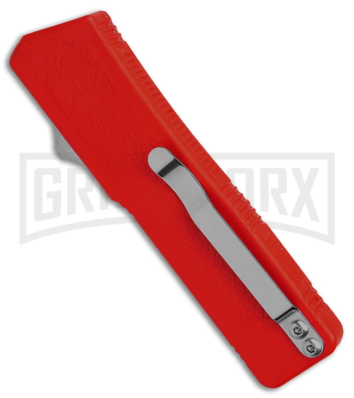 Lightning D/A Red Aluminum OTF Automatic Knife - Dagger Black Serrated - Image 3