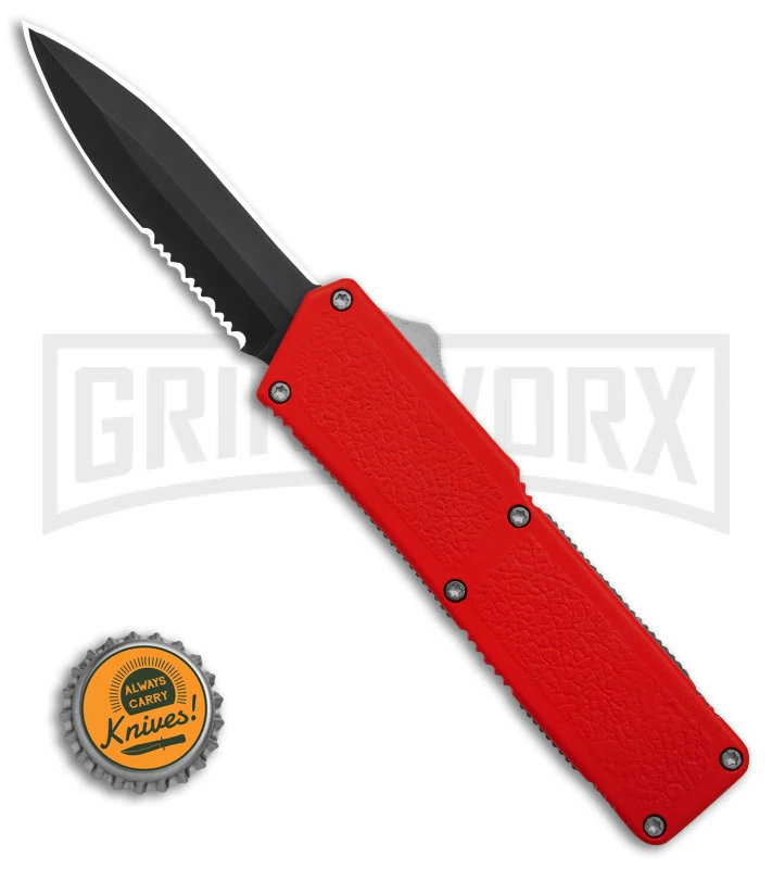 Lightning D/A Red Aluminum OTF Automatic Knife - Dagger Black Serrated - Image 4