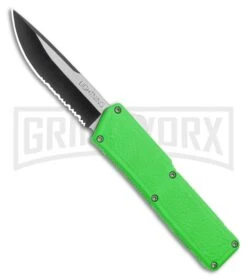 Lightning Green D/A OTF Automatic Knife - Two-Tone Serrated Drop Point