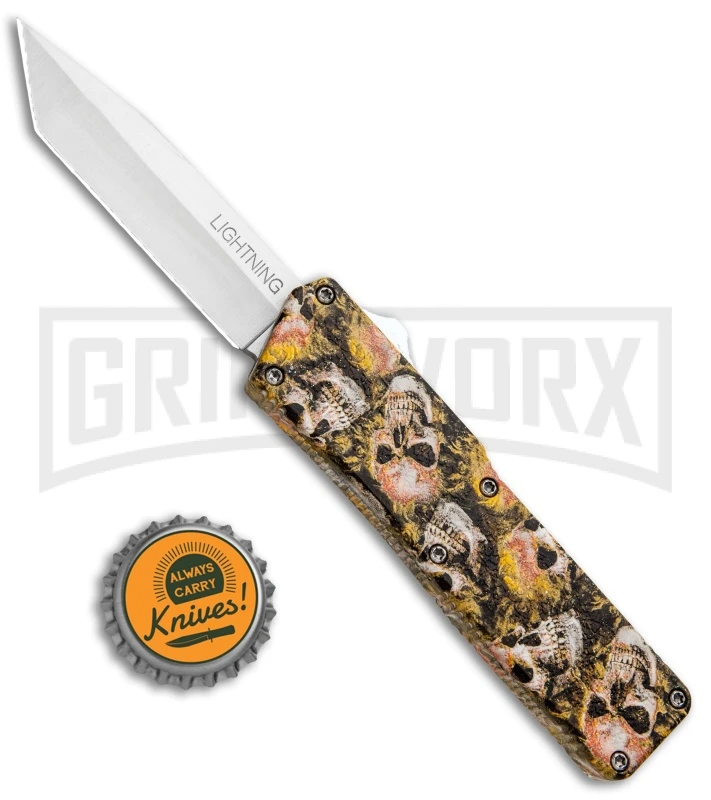 Lightning Skull Camo D/A OTF Automatic Knife - Tanto Satin Plain - Image 4