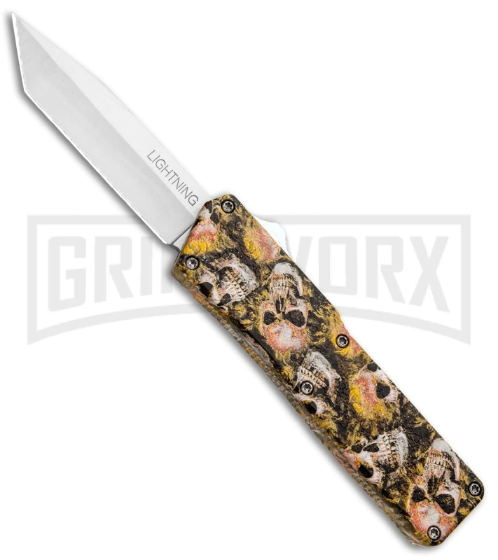 Lightning Skull Camo D/A OTF Automatic Knife - Tanto Satin Plain