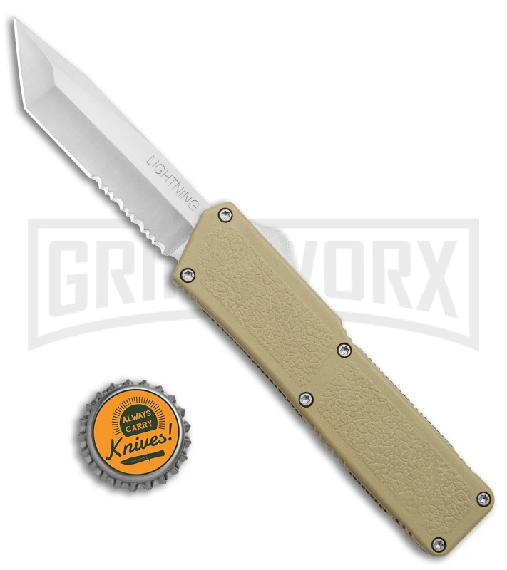 Lightning Tan D/A OTF Automatic Knife - Tanto Satin Serrated - Image 4