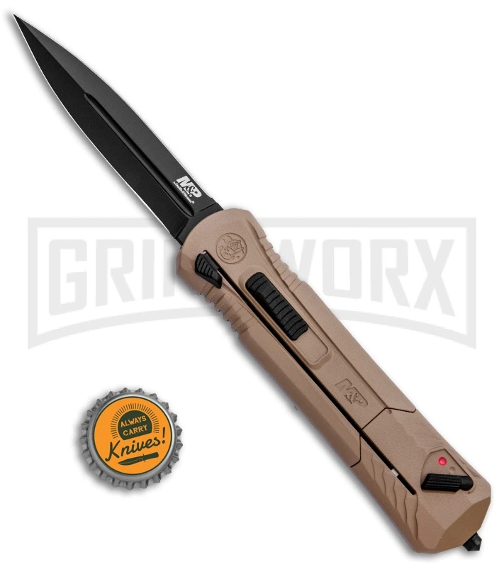 M&P Spring Assisted Tan OTF Spear Point Knife - Black Plain - Image 4