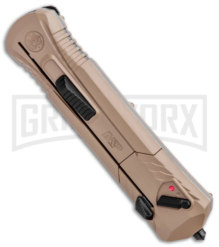 M&P Spring Assisted Tan OTF Spear Point Knife - Black Plain - Image 2