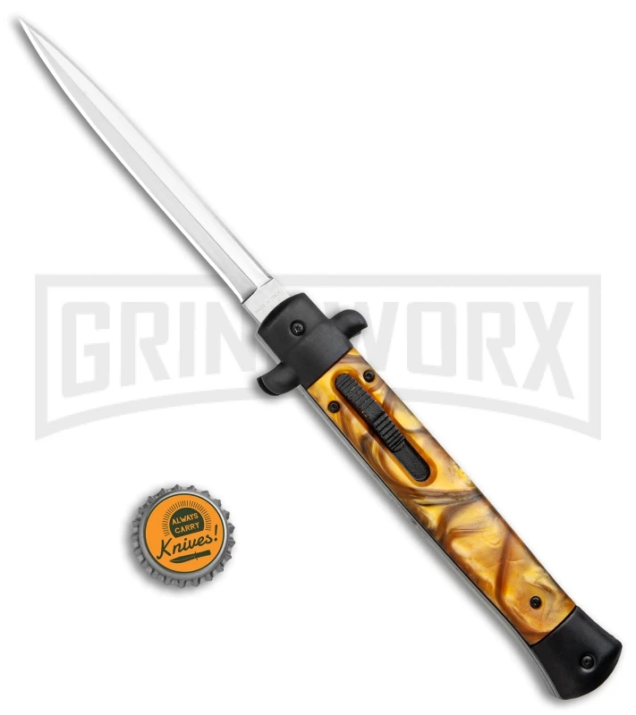 11" Italian Stiletto OTF Auto Knife Black Yellow Acrylic Dagger - Satin - Image 5