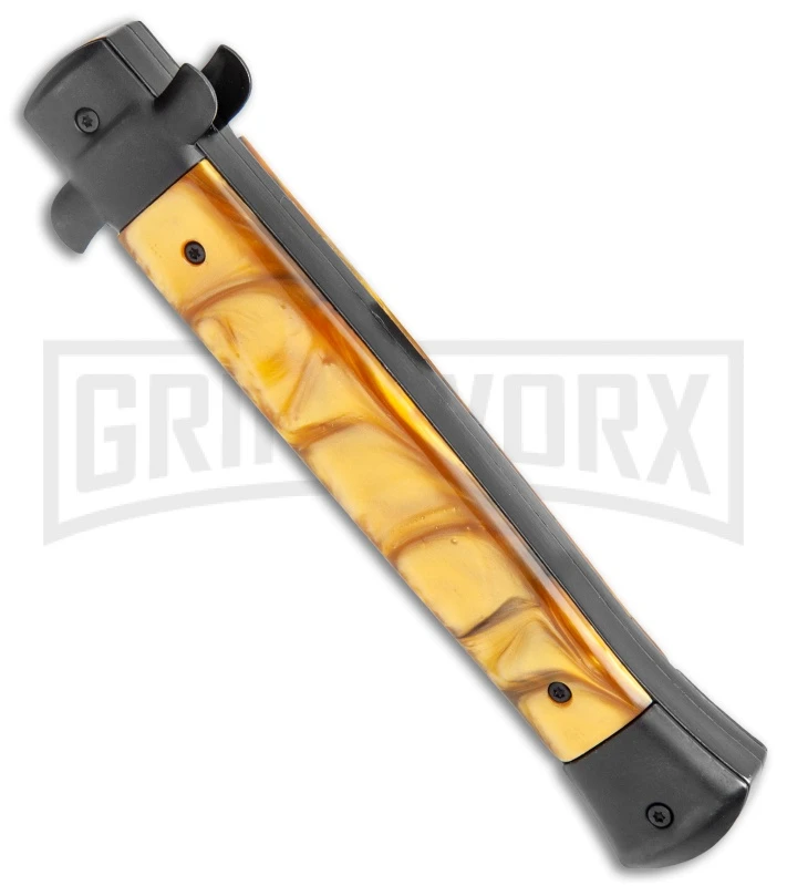 11" Italian Stiletto OTF Auto Knife Black Yellow Acrylic Dagger - Satin - Image 3
