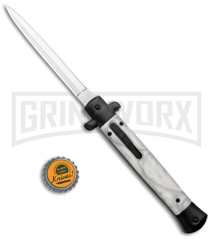 Mago Italian Stiletto OTF Auto White Marble/Black Bolsters Dagger W/ Clip - Image 5
