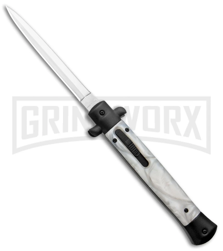 Mago Italian Stiletto OTF Auto White Marble/Black Bolsters Dagger W/ Clip