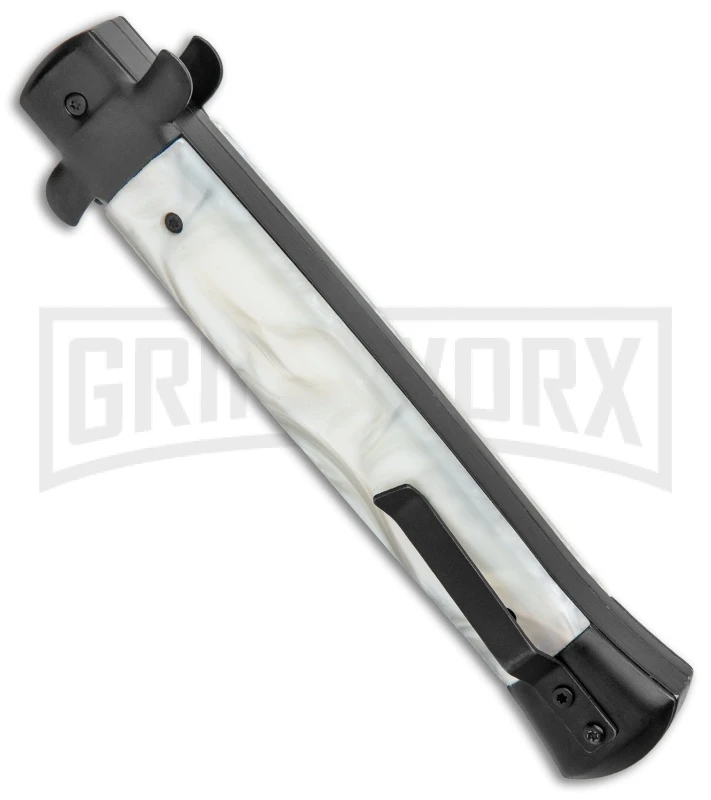 Mago Italian Stiletto OTF Auto White Marble/Black Bolsters Dagger W/ Clip - Image 3
