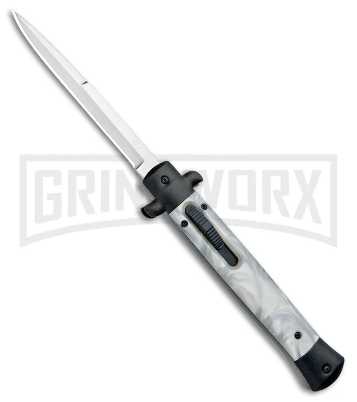 Mago 11" White Marble Italian Stiletto OTF Auto Knife Black Bolsters Bayo