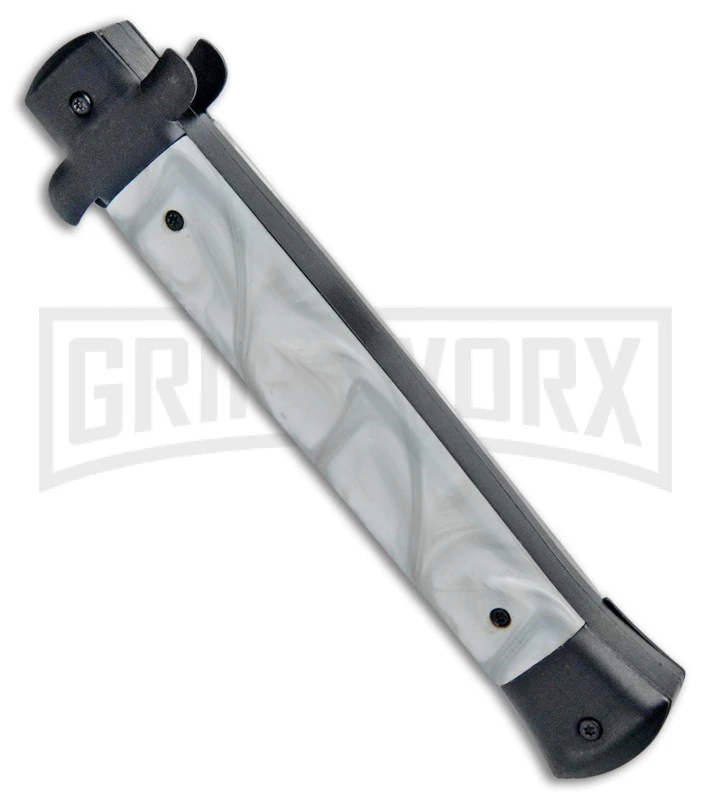 Mago 11" White Marble Italian Stiletto OTF Auto Knife Black Bolsters Bayo - Image 3