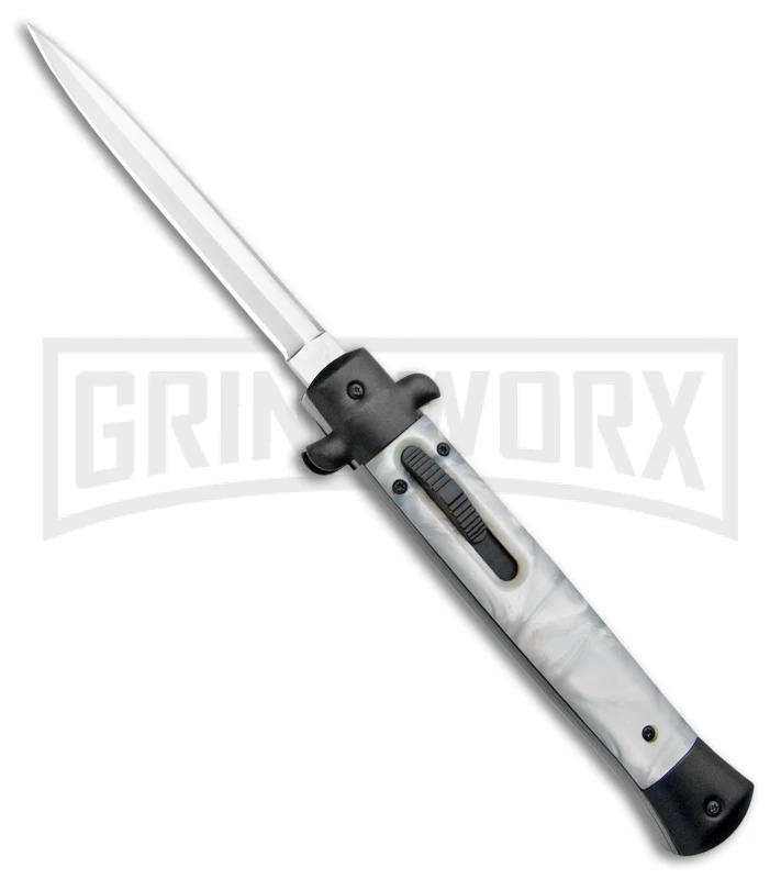 Mago 11" White Marble Italian Stiletto OTF Auto Knife Black Bolsters Dagger