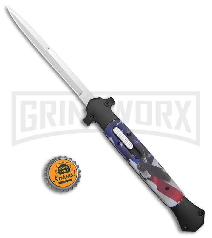 Mago 13" Eagle / Flag D/A Italian Stiletto OTF Knife - Satin Plain Bayo - Image 4