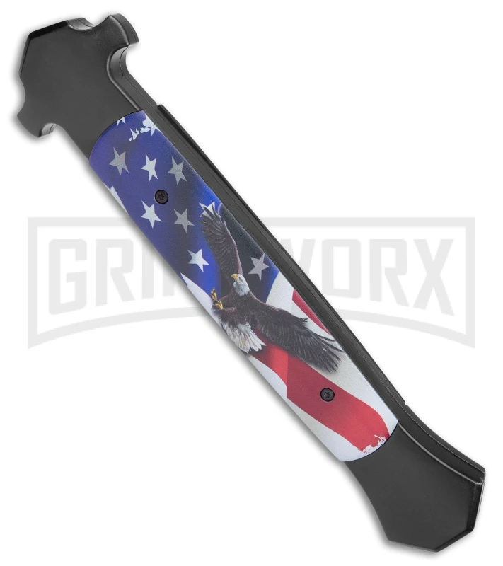 Mago 13" Eagle / Flag D/A Italian Stiletto OTF Knife - Satin Plain Bayo - Image 3