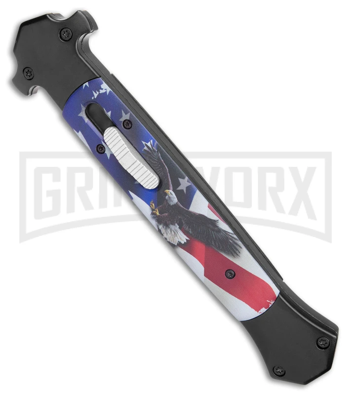 Mago 13" Eagle / Flag D/A Italian Stiletto OTF Knife - Satin Plain Bayo - Image 2