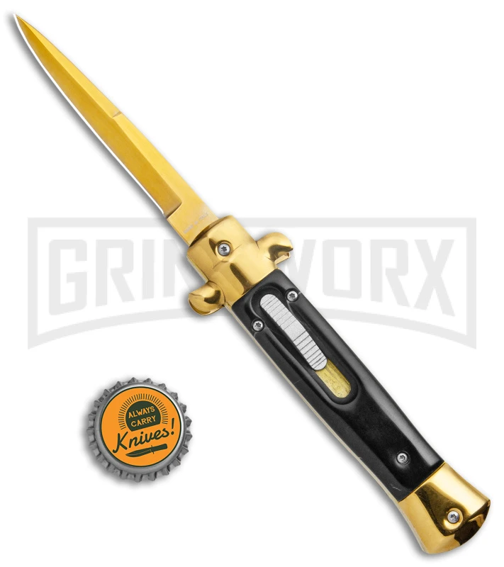 Mago 9" Black Acrylic Italian Stiletto OTF Automatic Knife - Gold Bayonet - Image 5