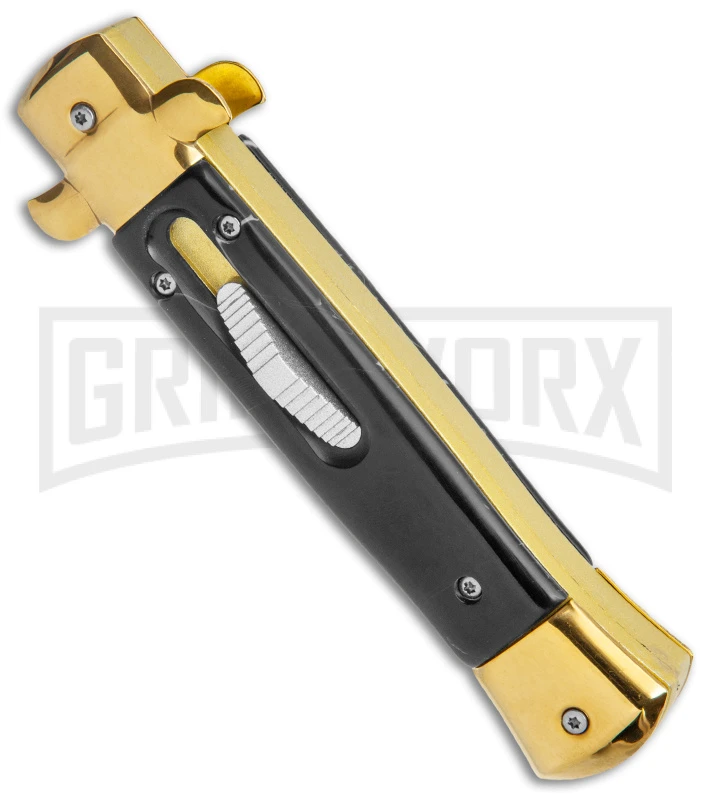 Mago 9" Black Acrylic Italian Stiletto OTF Automatic Knife - Gold Bayonet - Image 2