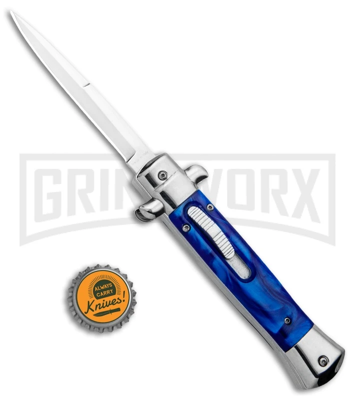 Mago 9" Blue Marble Italian Stiletto OTF Automatic Knife - Satin Plain - Image 5