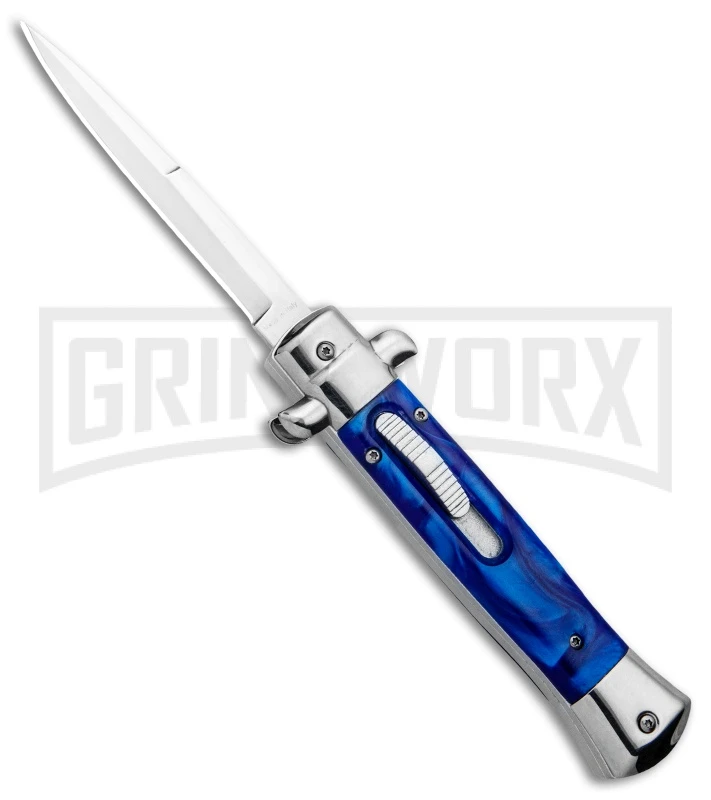 Mago 9" Blue Marble Italian Stiletto OTF Automatic Knife - Satin Plain