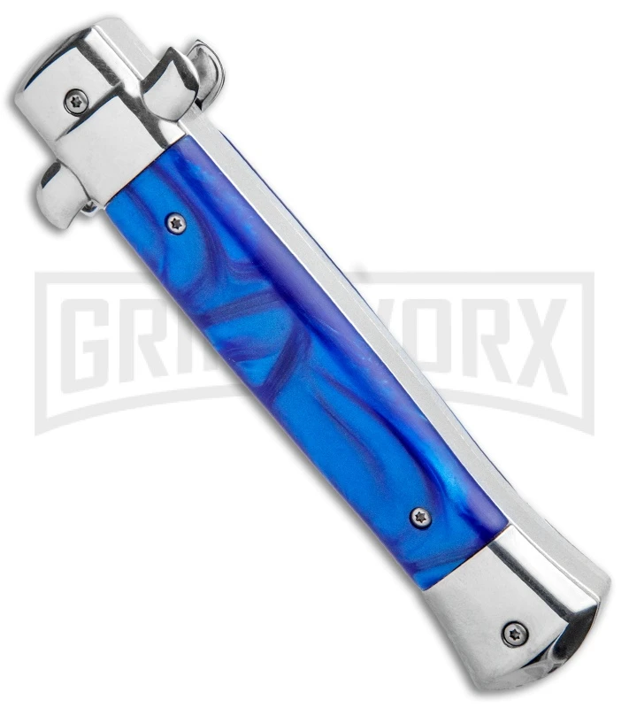 Mago 9" Blue Marble Italian Stiletto OTF Automatic Knife - Satin Plain - Image 3