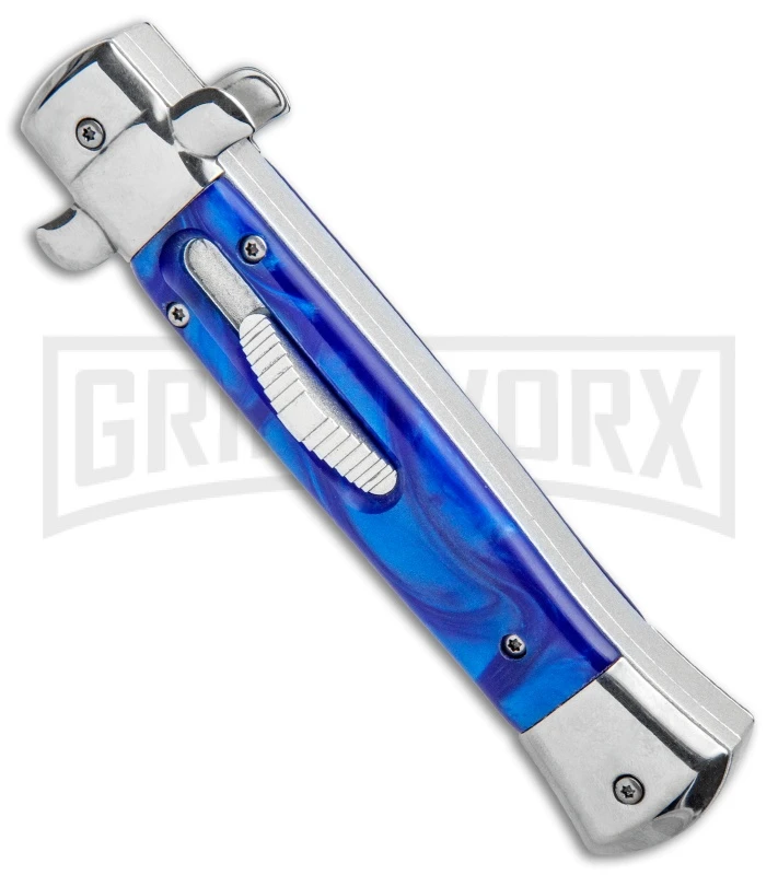 Mago 9" Blue Marble Italian Stiletto OTF Automatic Knife - Satin Plain - Image 2