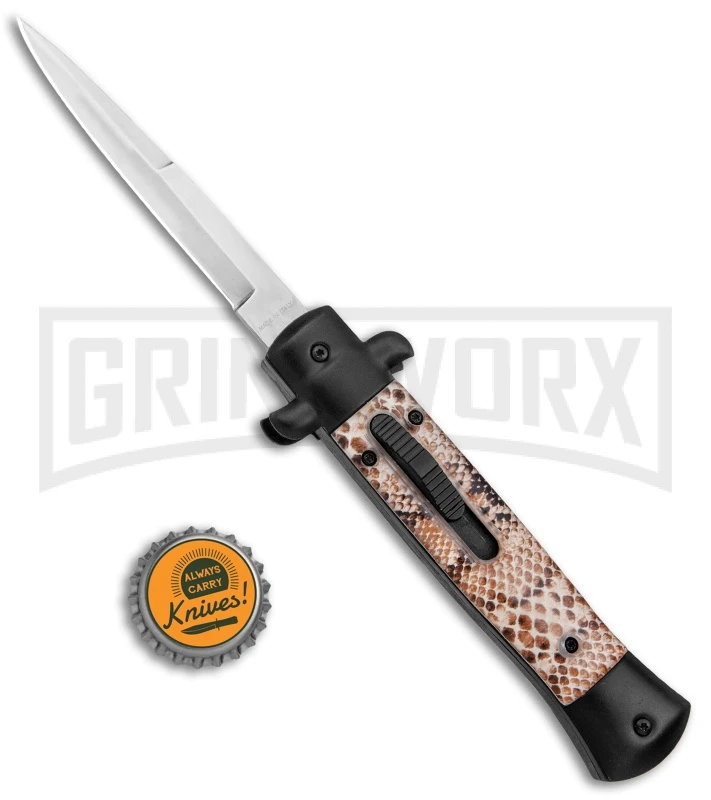Mago 9" Diamondback Black Italian Stiletto OTF Automatic Knife - Satin Bayo - Image 5