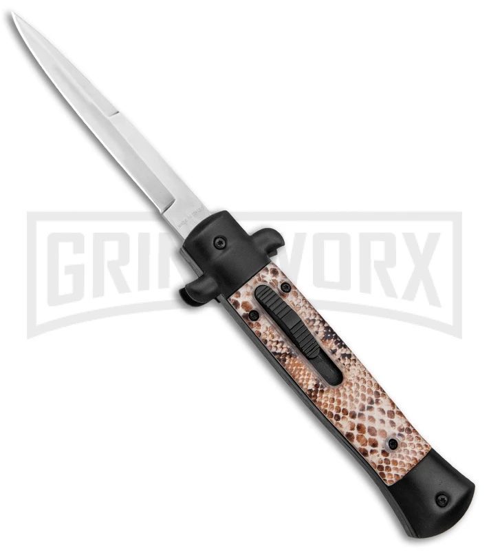 Mago 9" Diamondback Black Italian Stiletto OTF Automatic Knife - Satin Bayo