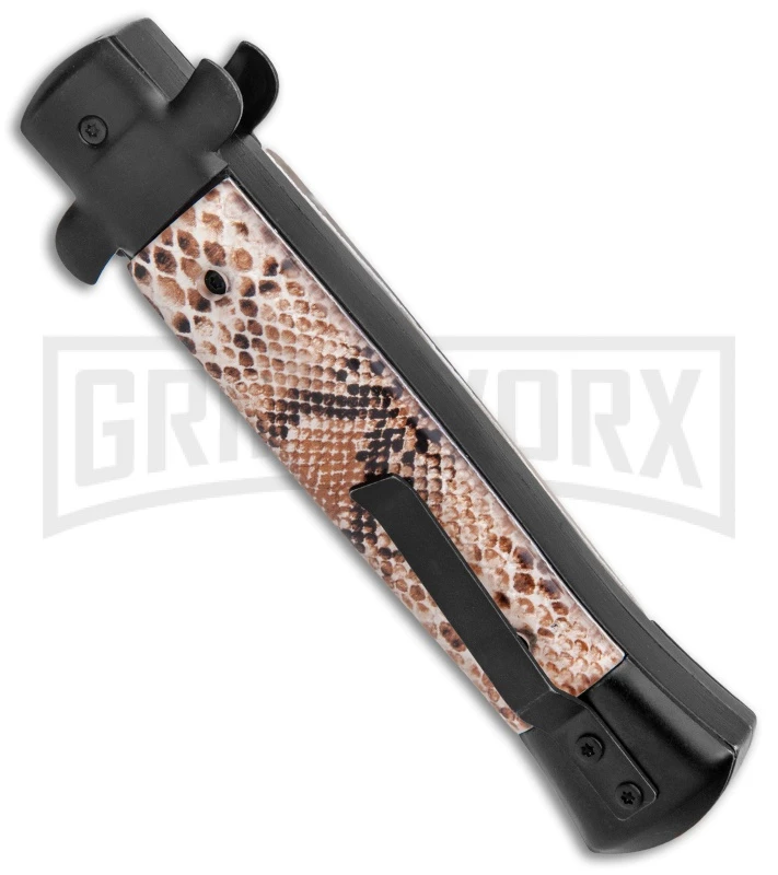 Mago 9" Diamondback Black Italian Stiletto OTF Automatic Knife - Satin Bayo - Image 3