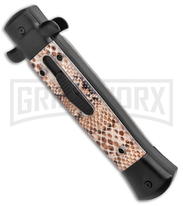 Mago 9" Diamondback Black Italian Stiletto OTF Automatic Knife - Satin Bayo - Image 2