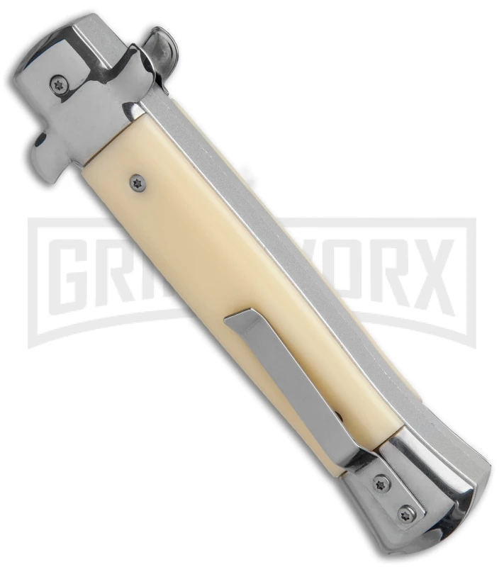 Mago 9" Sim Ivory Italian Stiletto OTF Automatic Knife - Satin Plain Dagg - Image 3