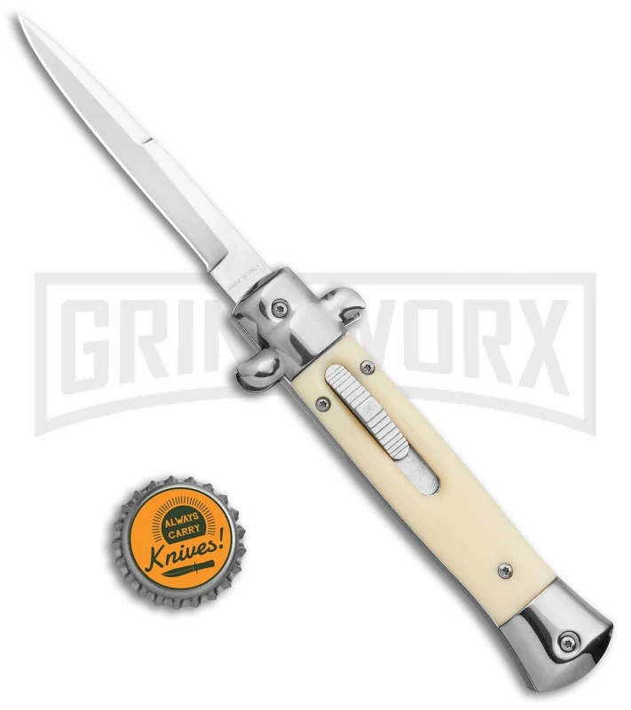 Mago 9" Sim Ivory Italian Stiletto OTF Auto Knife Satin Bolsters - Satin Bayonet - Image 5