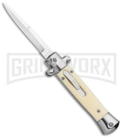Mago 9" Sim Ivory Italian Stiletto OTF Auto Knife Satin Bolsters - Satin Bayonet