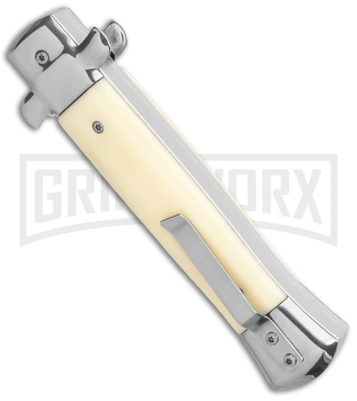Mago 9" Sim Ivory Italian Stiletto OTF Auto Knife Satin Bolsters - Satin Bayonet - Image 3