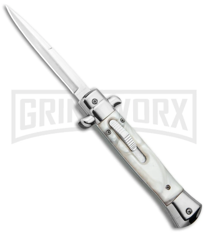 Mago 9" White Marble Italian Stiletto OTF Auto Bayo - Satin Plain